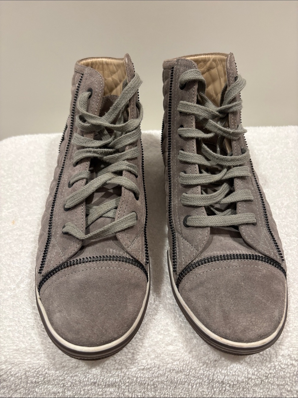 CHANEL Taupe Suede High-Top Sneakers